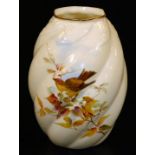 A Grainger & Co Worcester spiral moulded vase, decorated with a bird in apple blossom, shape code