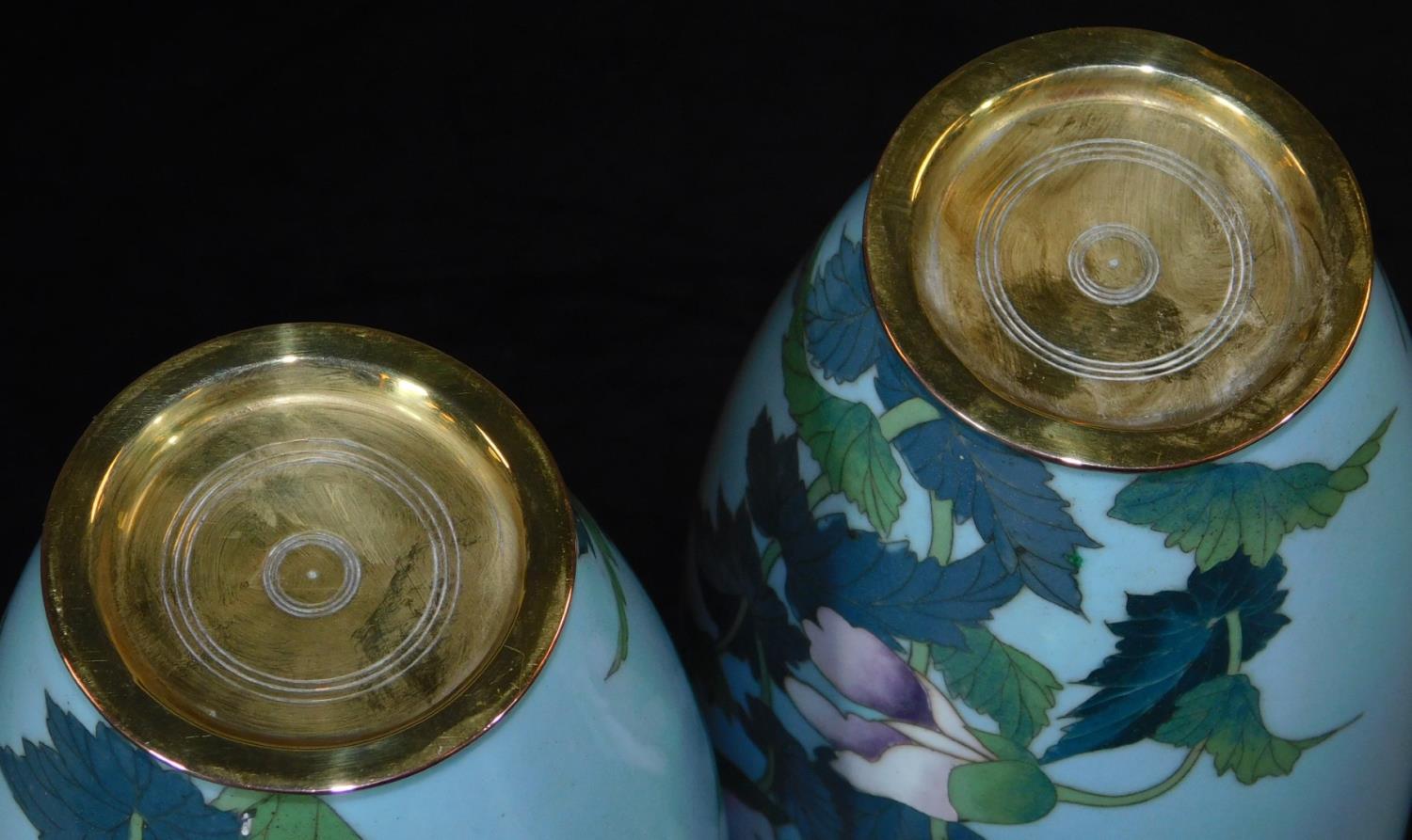 A pair of Meiji period Japanese cloisonne vases, each of shouldered form, decorated with poppies - Image 4 of 4