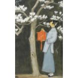 A P (20thC School). Figure of Japanese lady standing next to blossom tree holding cage, mixed media,