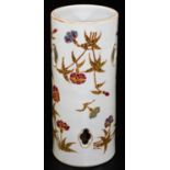 A 20thC Chinese porcelain spill vase, of cylindrical form pierced with shaped cutouts, decorated