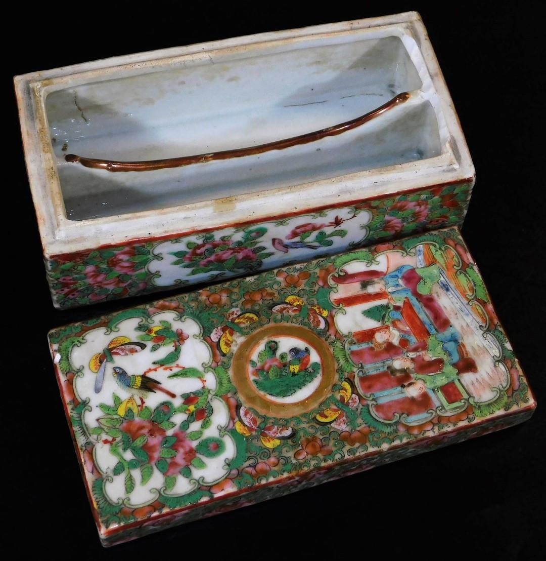 A 19thC Cantonese pen box of rectangular form, typically decorated with flowers and panels of - Image 6 of 8