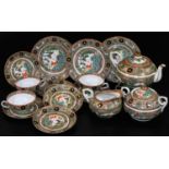 A Cantonese porcelain part tea service, comprising squat teapot, 13cm H, milk jug, two handled sugar