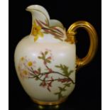 A Royal Worcester blush ivory ewer, decorated with polychrome flowers, shape code 1094, c1892,