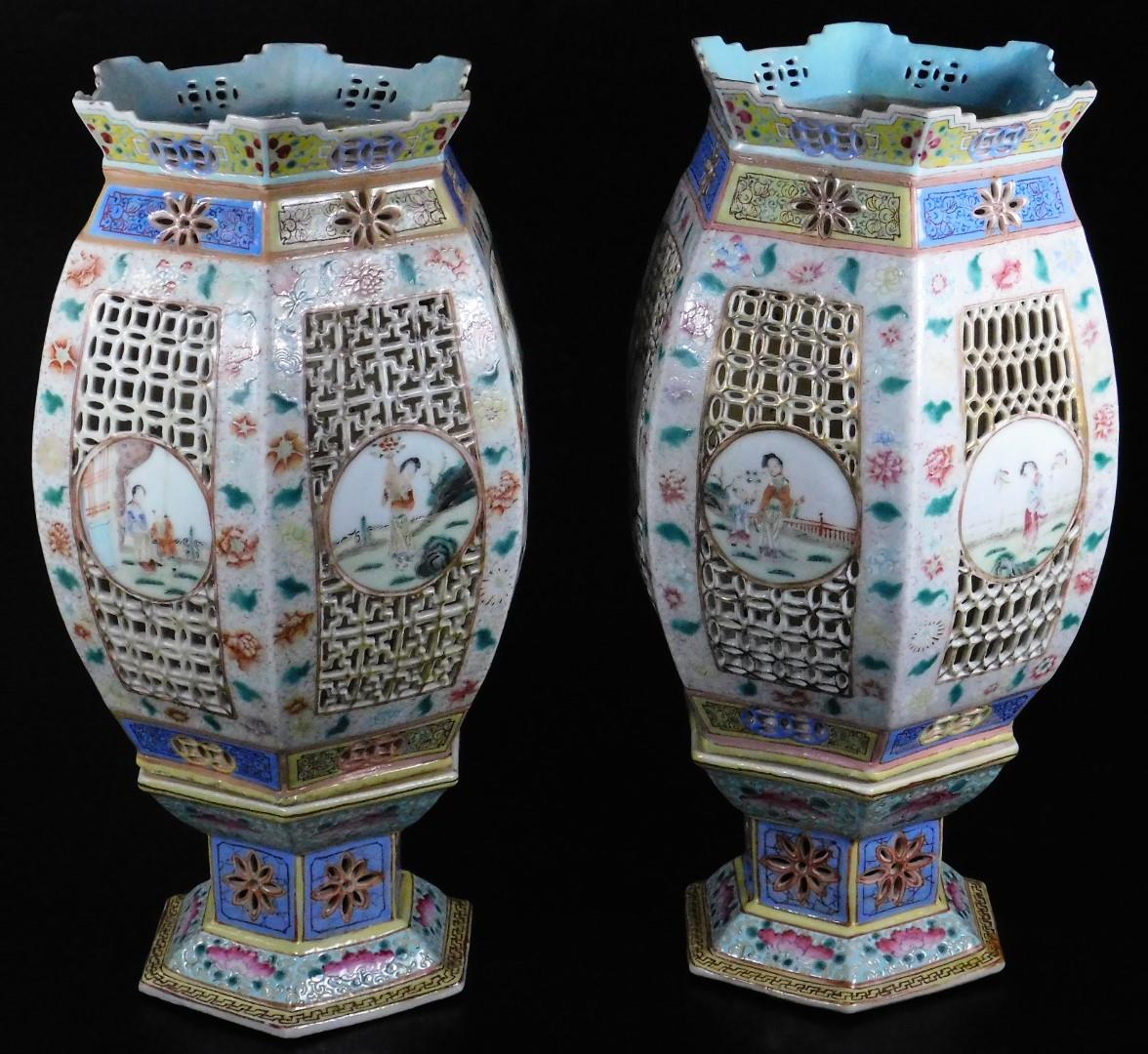 A fine pair of Chinese reticulated porcelain table lanterns, each of octagonal globular form, the - Image 2 of 9