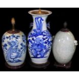 A Chinese blue and white lamp vase, of shouldered circular form, profusely decorated with exotic