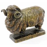 A Japanese bronze model of a standing ram, on rectangular base, signed by the artist on the base,