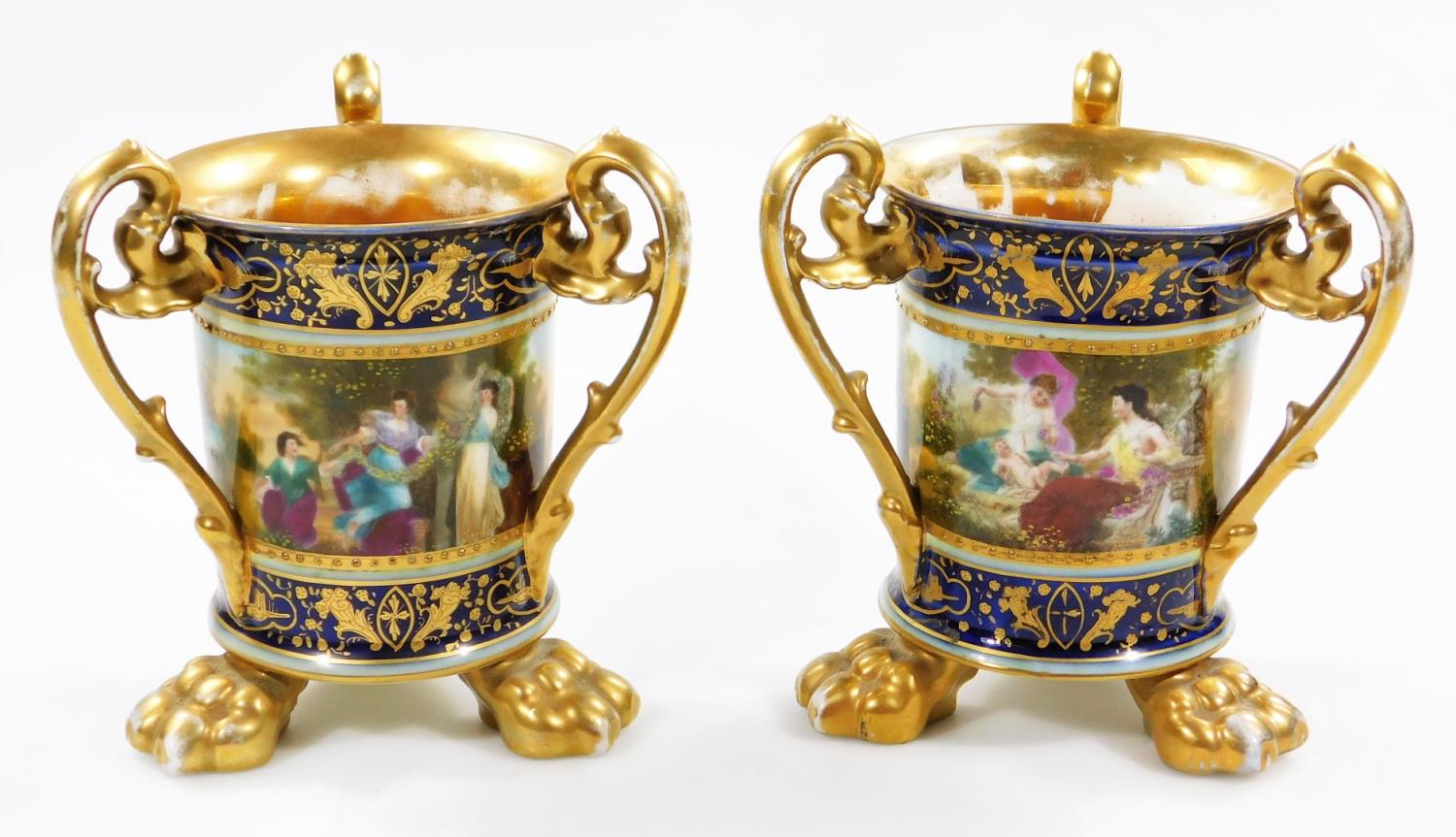 A pair of 19thC Vienna porcelain tyg vases, each of inverted cylindrical form, with floral scroll - Image 3 of 6