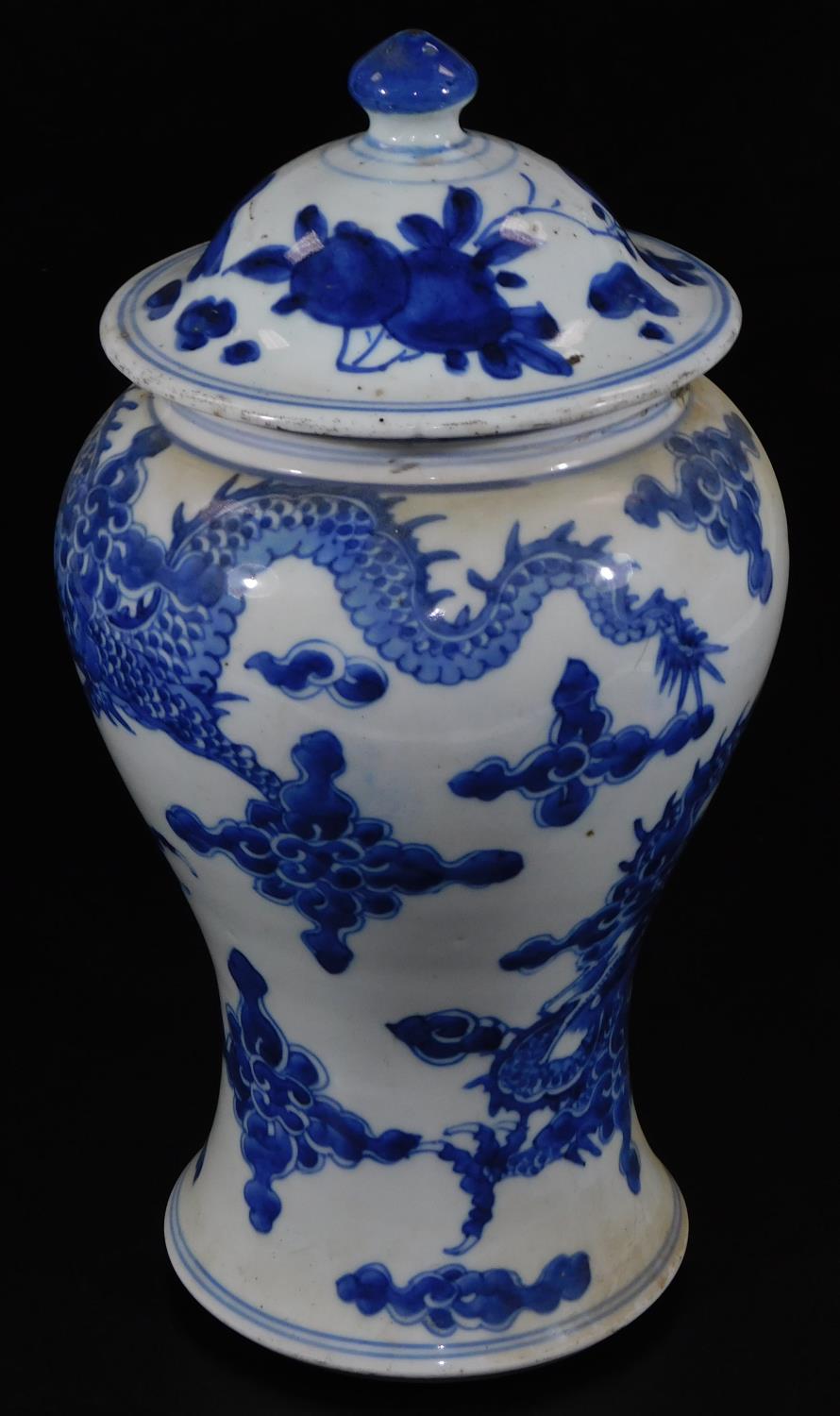 An 19thC Chinese blue and white baluster vase and cover, decorated with four claw celestial - Image 3 of 7