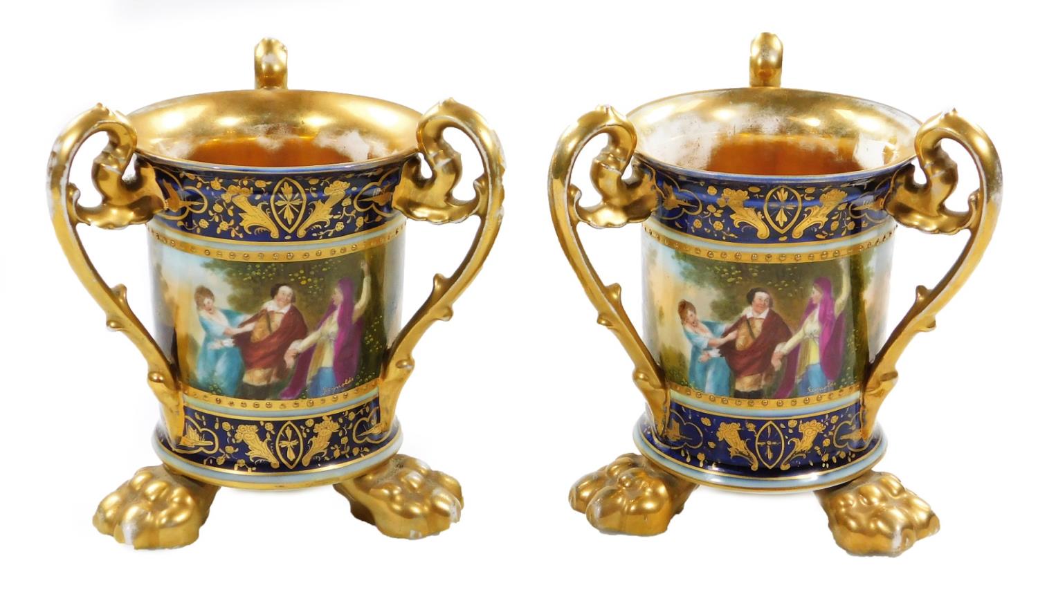 A pair of 19thC Vienna porcelain tyg vases, each of inverted cylindrical form, with floral scroll