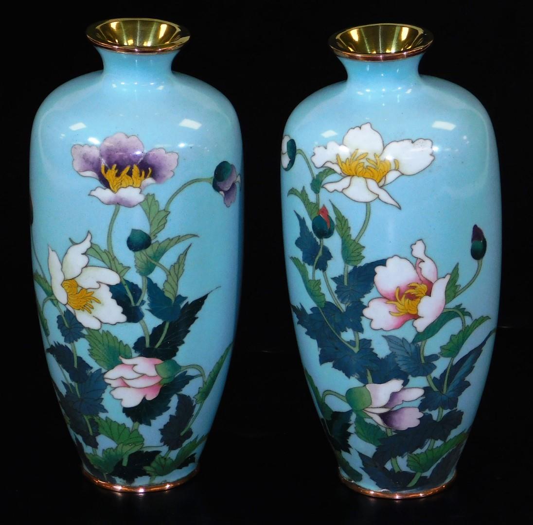 A pair of Meiji period Japanese cloisonne vases, each of shouldered form, decorated with poppies