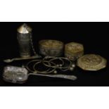 Asian white metal objects, inc. octagonal cricket box, opium bottle with spoon, four torc or bangles