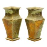 A pair of 20thC Chinese bronze vases, each of shouldered diamond form, etched with panels of