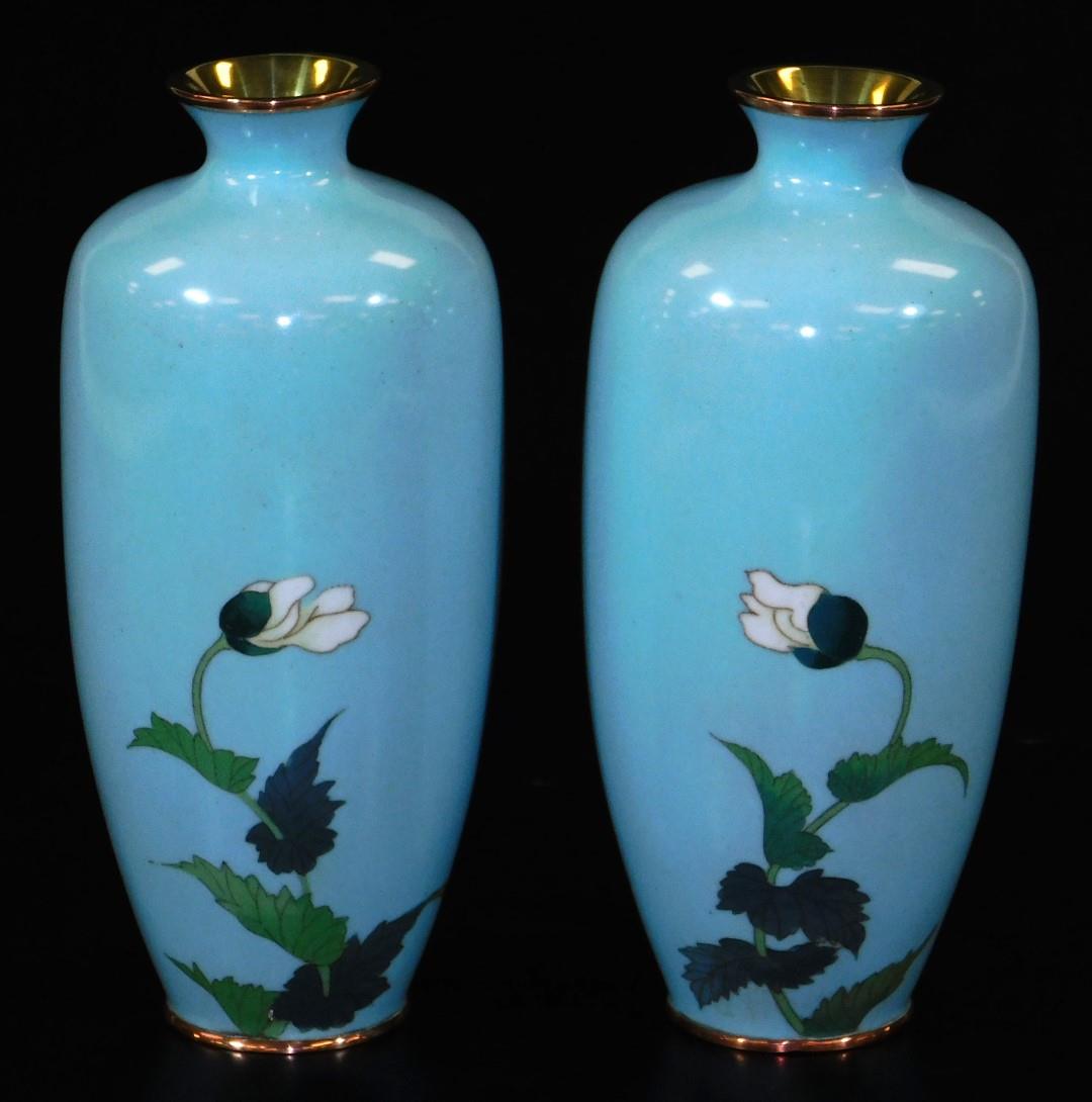 A pair of Meiji period Japanese cloisonne vases, each of shouldered form, decorated with poppies - Image 2 of 4