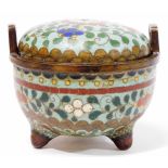 A Japanese green ground cloisonne tripod koro and cover, of Ding form decorated with stylized