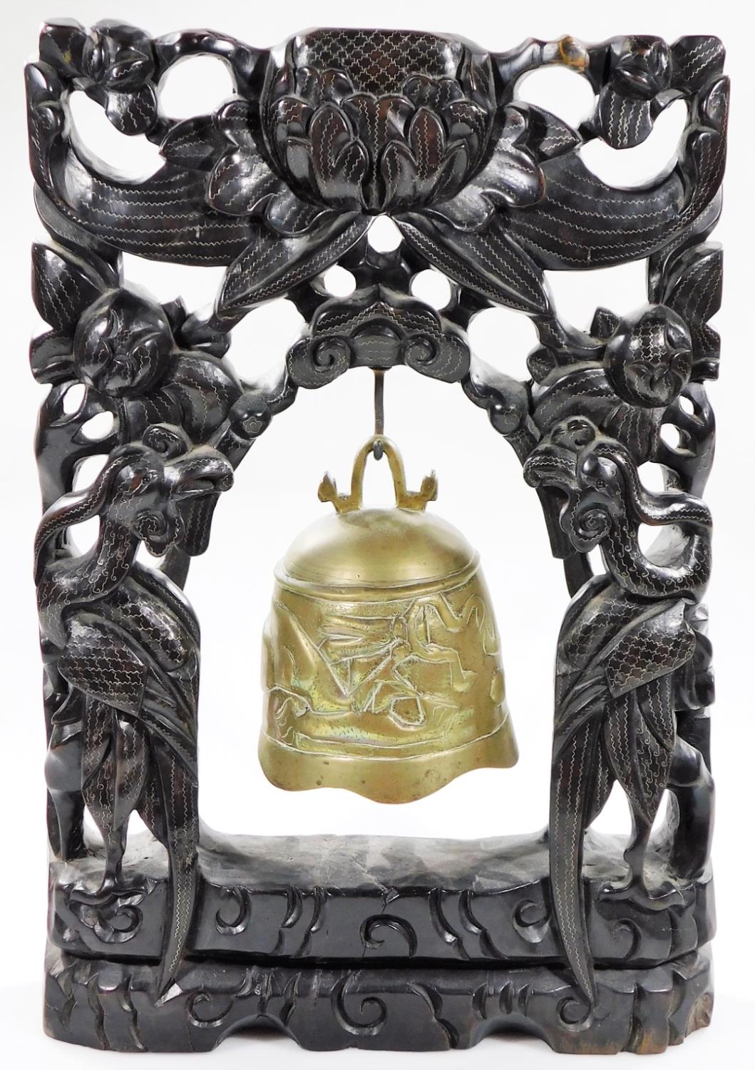 A heavily carved Chinese 19thC dinner gong, the shaped stand carved with exotic birds, pierced - Image 2 of 5