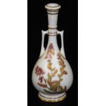 A Royal Worcester blush ivory slim necked vase, decorated with heather in puce, red and green, shape