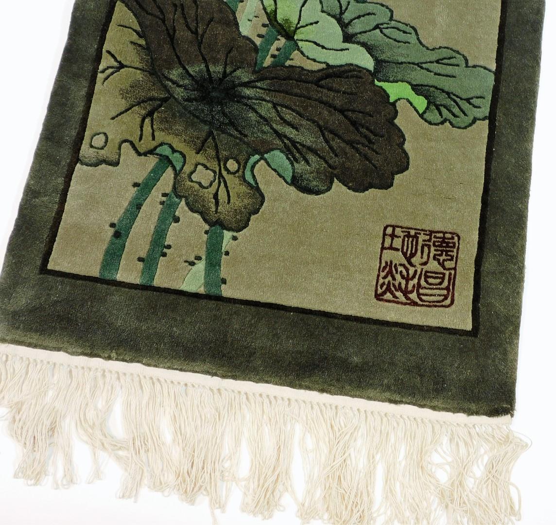 Two 20thC oriental material wall hangings, decorated with flowers, scenes and bamboo, signed with - Image 6 of 8