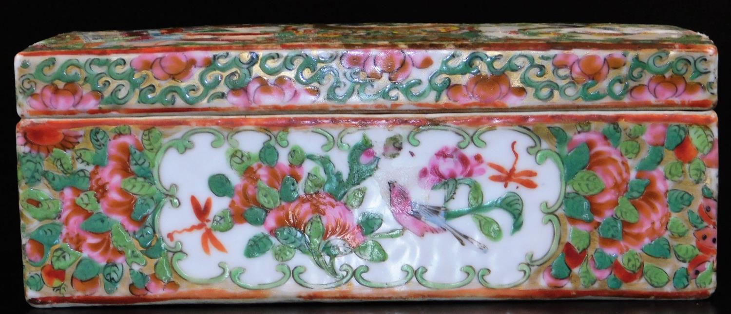 A 19thC Cantonese pen box of rectangular form, typically decorated with flowers and panels of - Image 4 of 8