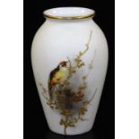 A late 19thC Grainger & Co Worcester blush ivory slim vase, decorated with a chaffinch in