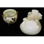A Royal Worcester blush ivory cauldron, decorated with blackberries, c1880, 7cm H, together with a