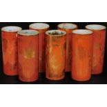 Seven various Chinese porcelain spill vases brush pots, of cylindrical form in orange with gilt