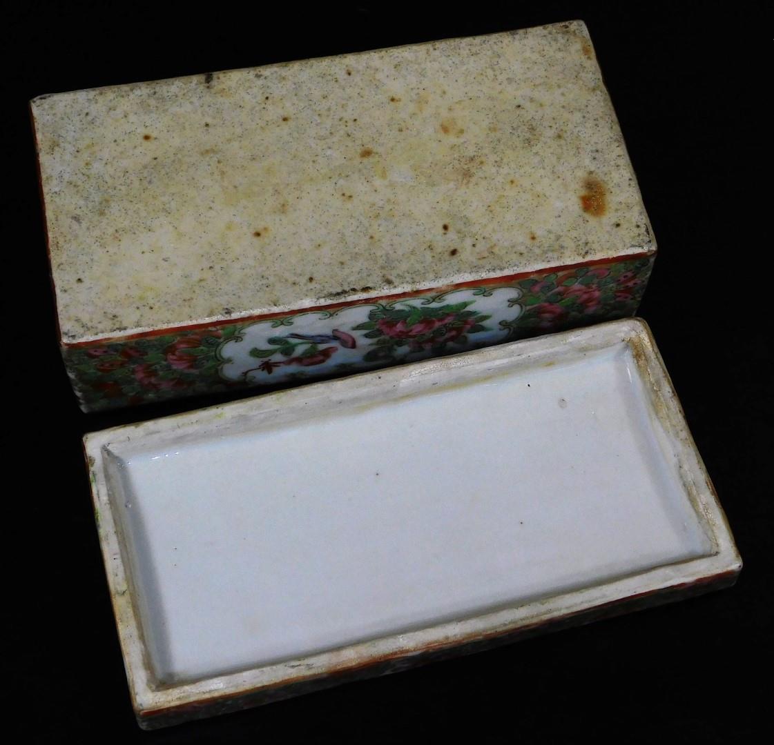 A 19thC Cantonese pen box of rectangular form, typically decorated with flowers and panels of - Image 7 of 8