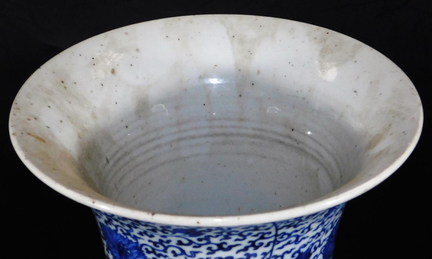 A Chinese porcelain blue and white beaker vase, with flared base and neck, decorated with - Image 3 of 6