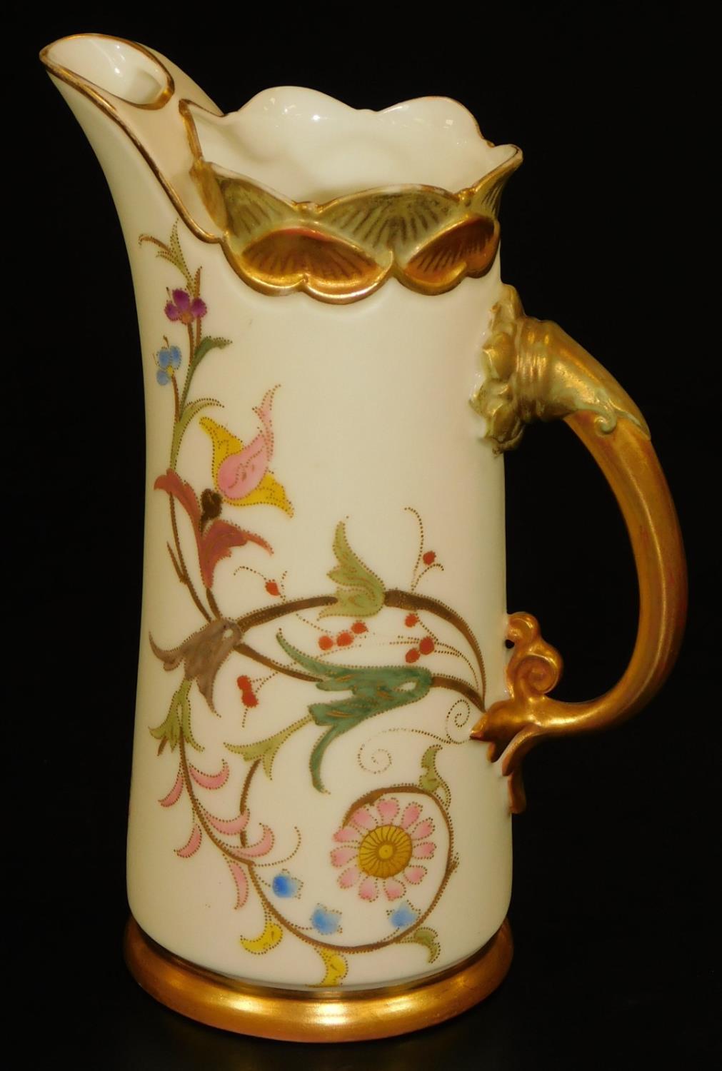 A Royal Worcester blush ivory tall jug, decorated with stylized flowers and grapes, shape code 1229,