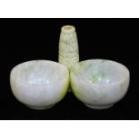 Two oriental hardstone jade white bowls, each with green inclusions, 5.5cm Dia. and a carved