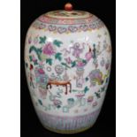 A Chinese porcelain ovoid jar and cover, decorated in famille rose palette with precious objects