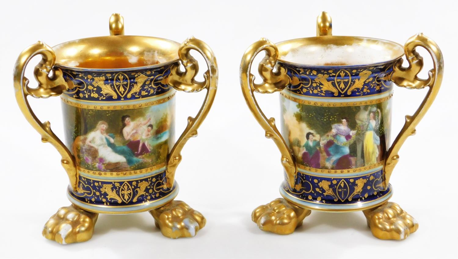 A pair of 19thC Vienna porcelain tyg vases, each of inverted cylindrical form, with floral scroll - Image 2 of 6