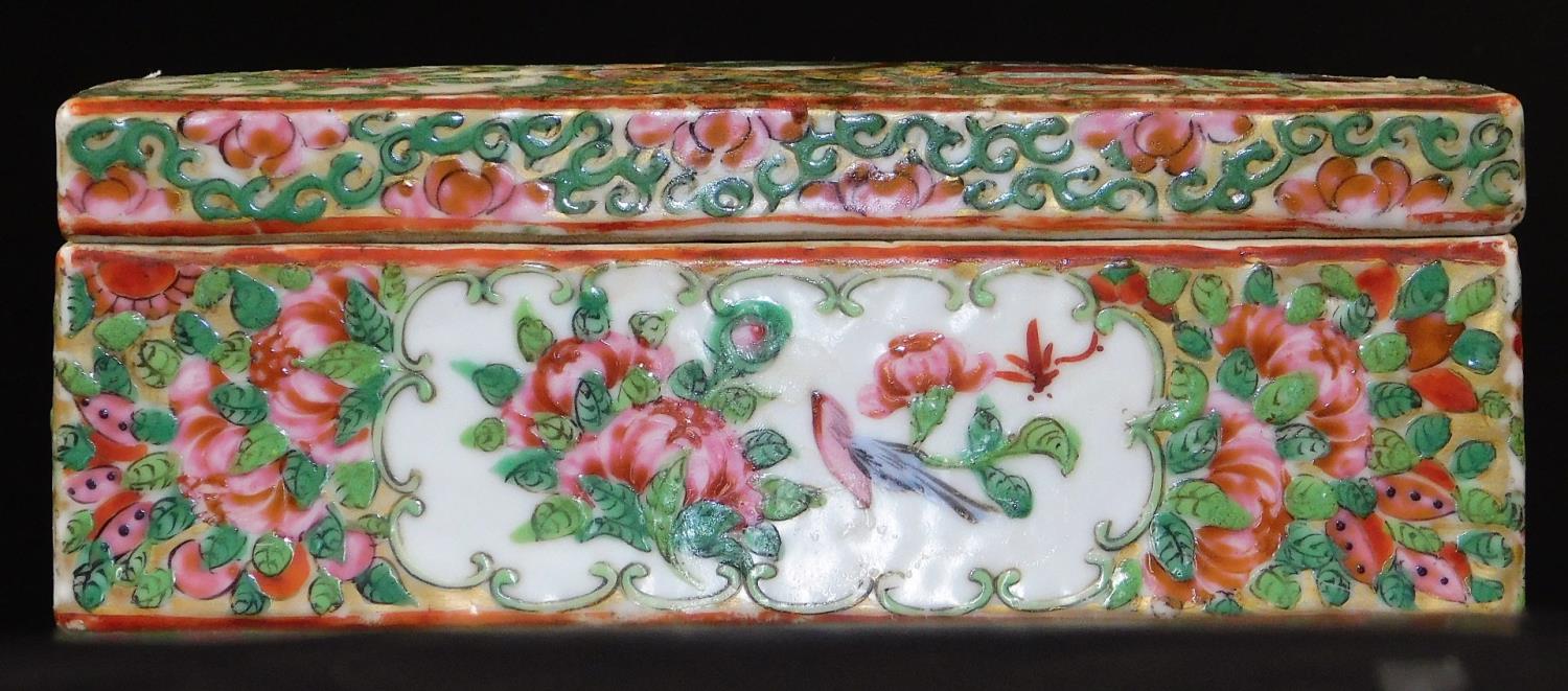 A 19thC Cantonese pen box of rectangular form, typically decorated with flowers and panels of - Image 2 of 8