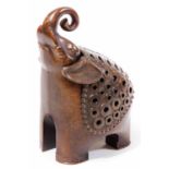 A 1930's Japanese bronze koro and cover, shaped as a stylized elephant with pierced caparison, the