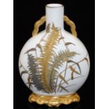 A Royal Worcester blush ivory moon flask, decorated with bronzed and raised paste ferns, c1900, 14cm