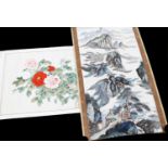 A Chinese scroll painting, decorated with tree peonies, signed and inscribed, two red seals, 77cm