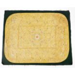 A Chinese Imperial yellow ground rectangular silk throne seat cover finely embroidered in blue,