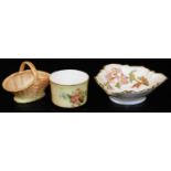 Royal Worcester blush ivory items, comprising a small basket, c1896, small pin tray, shape code