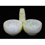 Two oriental hardstone jade white bowls, each with green inclusions, 5.5cm Dia. and a carved rectang