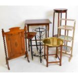 Various furniture, oak fire screen, plant stand, folding cake stand, brass top table, etc. (a quanti