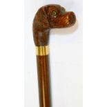 A 20thC walking stick, with carved dog head and plain cylindrical stem with metal collar, 88cm H.