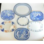 Various meat plates, late 19thC and other, Copeland Spode Italian example, 41cm W, other blue and wh