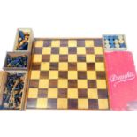 Various chess sets, Staunton style, another with shaped queen, 8cm H, various others, draughts games