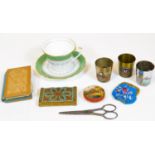 Various sewing related items, etc. to include scissors, a pin cushion painted with a continental la