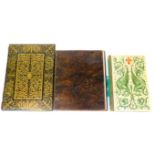 A leather blotter, set with crest and dragons in green on cream ground with strung spine, 27cm x 18c