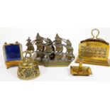 Various metalware, a small metal bell, 9cm H, a glazed ring casket on shaped feet, miniature candles