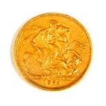 A Victorian gold full sovereign, young head 1876.