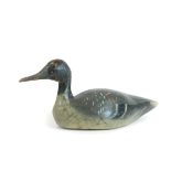 A painted pine folk art duck, probably French, in black orange and white colour way, possibly 19thC,