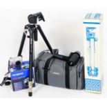 Various cameras and related equipment, Olympus C-760 ultra zoom camera (boxed), a tripod stand, 64cm