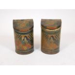 A pair of early 20thC Chinese tea canisters, each of D end form with sloping tops set with figures,