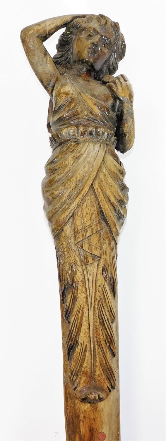 A matched pair of oak figure head style carvings, each of maidens in flowing robes, on scroll plinth - Image 2 of 12